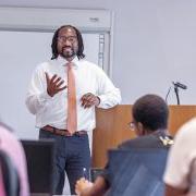 Dr. Greg Samuels teaching a course in the College of Education and Human Development.